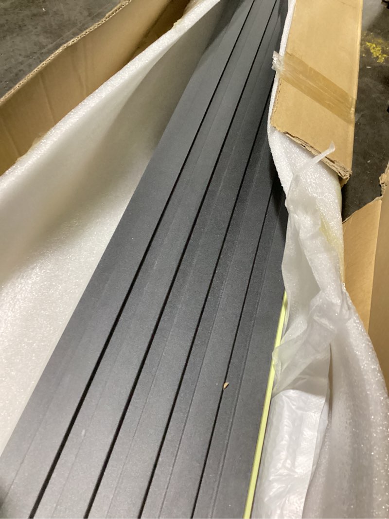 Condition photo showing Good Condition for ouzugie wpc acoustic slat wall paneling, 8-pack 114 x 6 inches 3d wall panels for interior wall decor,living room,tv background,study room,office spaces,bedroom,low grille (black)