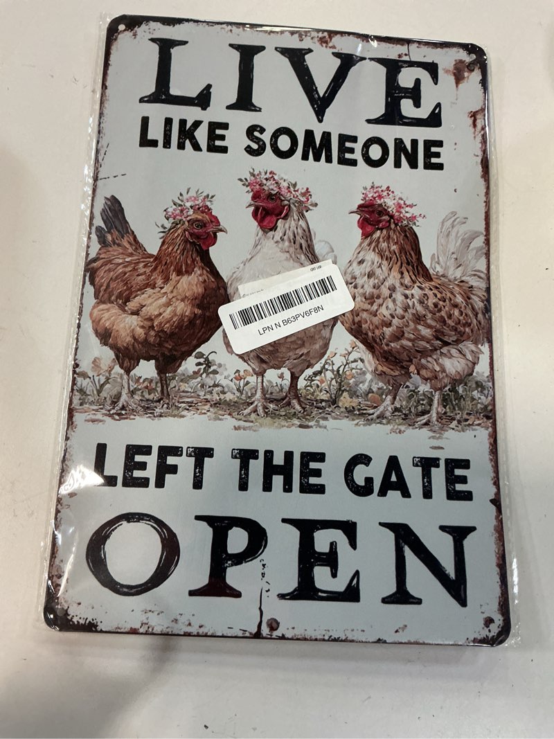 Condition photo showing Good Condition for Chiken Gifts Funny Chicken Metal Sign For Home Chicken Decor Coop Rooster Decorations Farm Kitchen Chicken Wall Stuff 8x12 Inches Live Like Someone Left The Gate Open Tin Sign Yellow