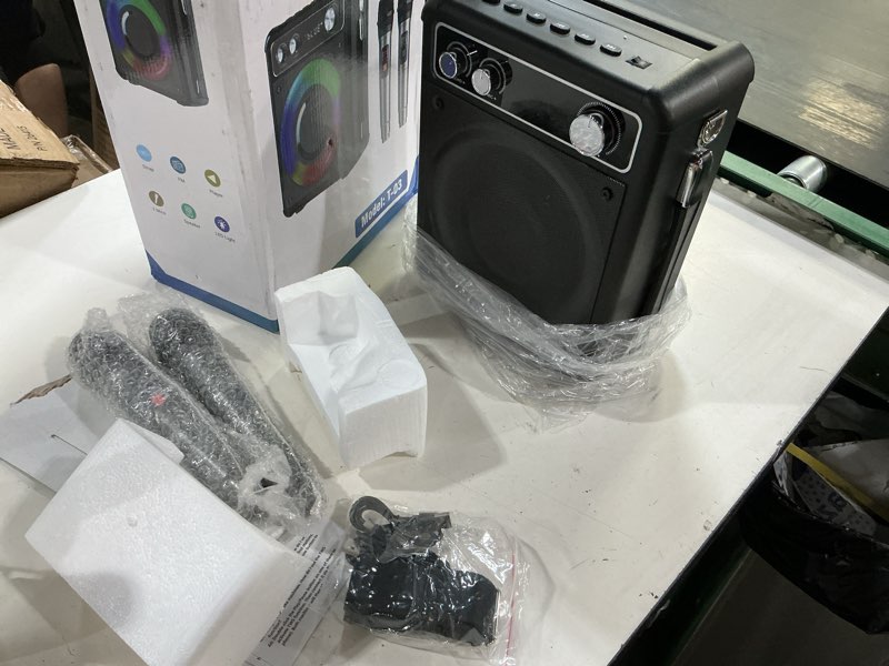 Condition photo showing New/Like New for vosoco karaoke machine with 2 wireless microphones, portable bluetooth speaker for adults kids, pa systems support tws echo adjust tf usb aux for home party outdoor travel t03-2 mics