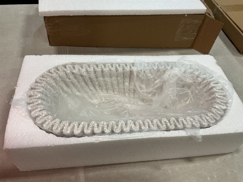 Condition photo showing Good Condition for large decorative bowl for home decor long dough key bowls coffee table decor centerpiece white ruffle scalloped resin modern handicraft bowl for kitchen counter farmhouse entryway white oval