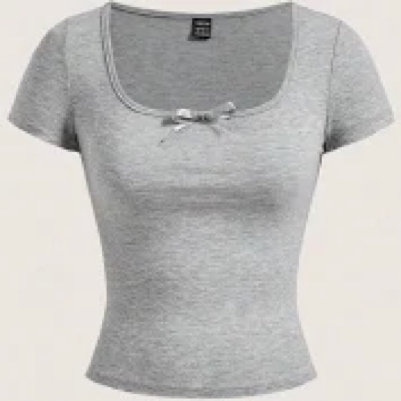 SOLY HUX Women's T Shirt Square Neck Short Sleeve Bow Front Tee Slim Fit Summer Tops Pure Grey Small