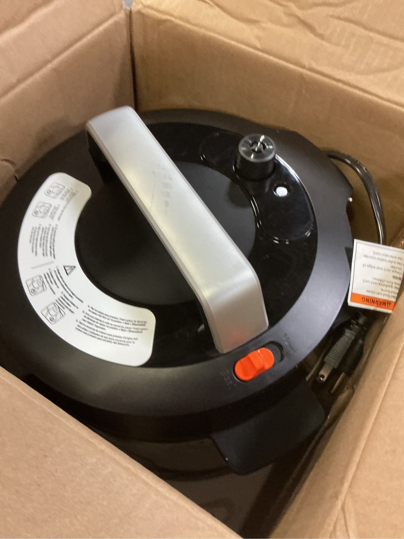 Condition photo showing As Is for cosori pressure cooker 6qt, stainless steel, 9-in-1 multi cooker, 12 safety features, ceramic inner pot, rice, slow cook, sous vide, saute, 1100w