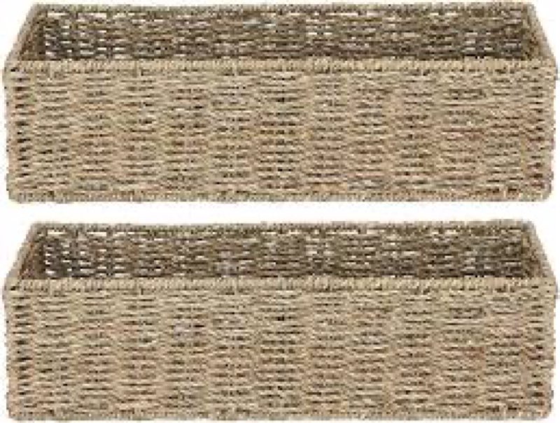 WEAVELYRICS [2-Pack] Seagrass Storage Baskets, Rectangle Wicker Containers, Wicker Toilet Basket Tan