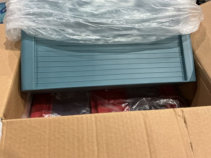 Condition photo showing New/Like New for desk organizer with drawers, stackable storage drawers with compartments desktop organization for office supplies, makeup, pencils, tape, erasers, paperclips, chargers (2s2m) light blue+yellow+deep blue+orange