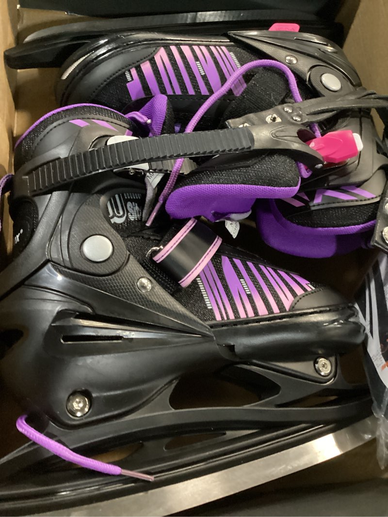 Condition photo showing New/Like New for adjustable ice skates for kids girls boys, kids ice hockey skates for beginners ages 4-12, toddler ice skating shoes with safety ankle support and soft padding for outdoor & ice rink a purple medium - big kid(1-4 us)
