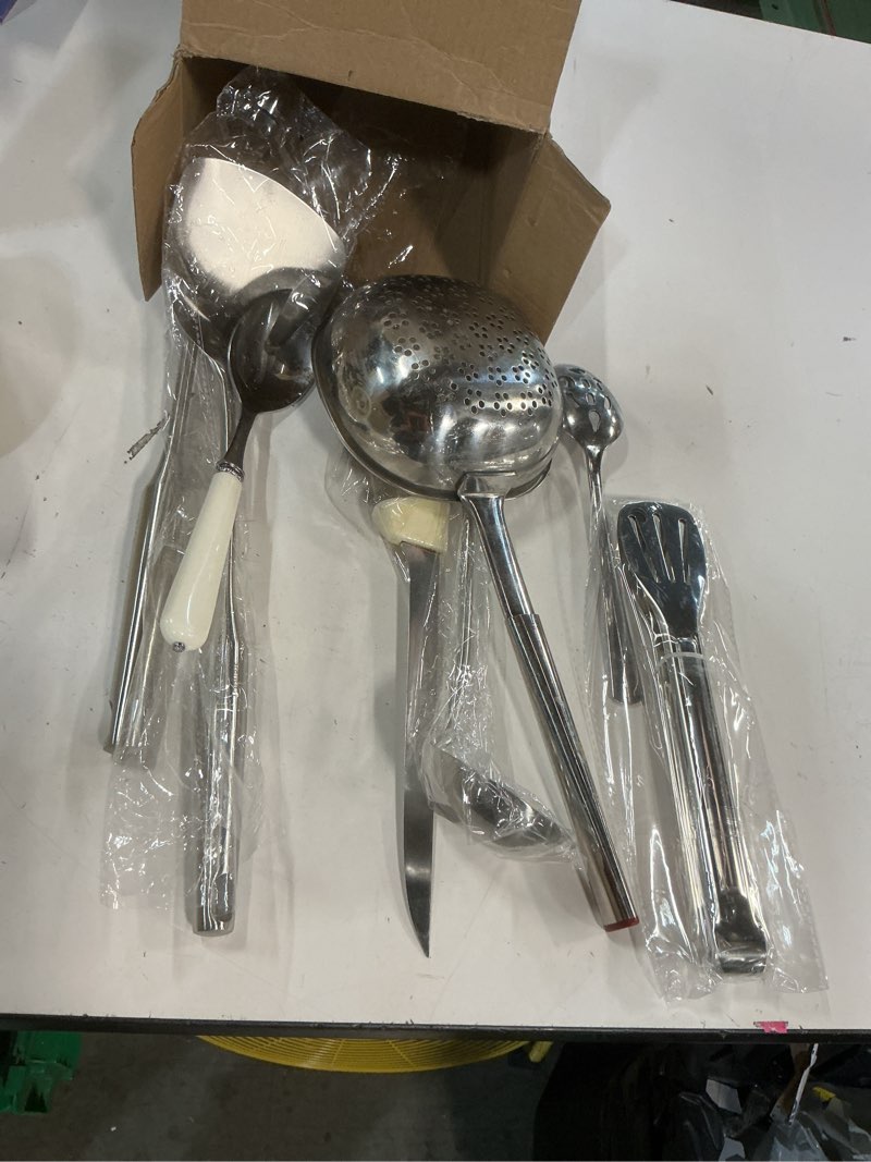Condition photo showing As Is for 18/10 stainless steel cooking utensils set - 16 pcs all metal small & large kitchen spoons, serving utensils - whisk, masher, fork, tongs, solid/slotted spoon, spatula, turner, ladle, skimmer, pasta 16-pieces