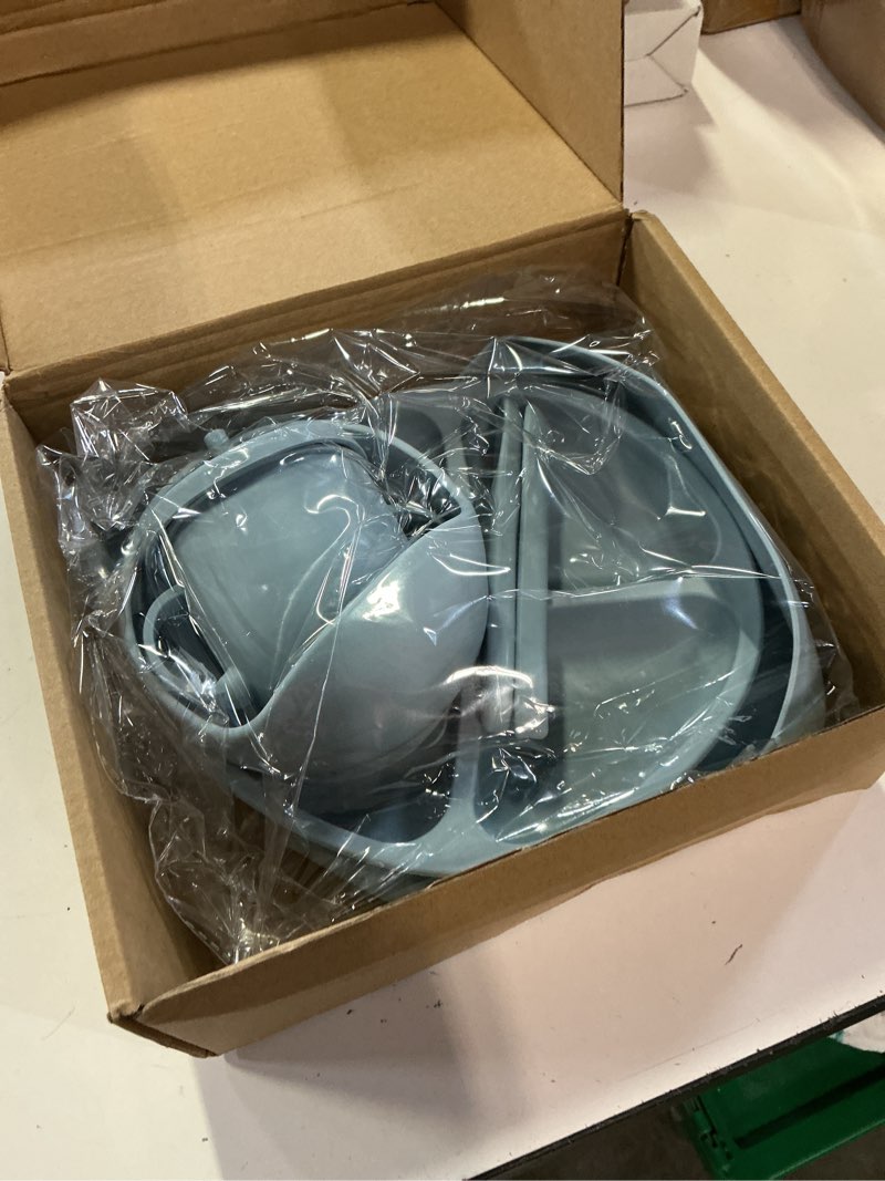 Condition photo showing Good Condition for silicone feeding set - baby led weaning supplies with plate, bowl, bib, spoon, fork, sippy cup - bpa free dusty blue