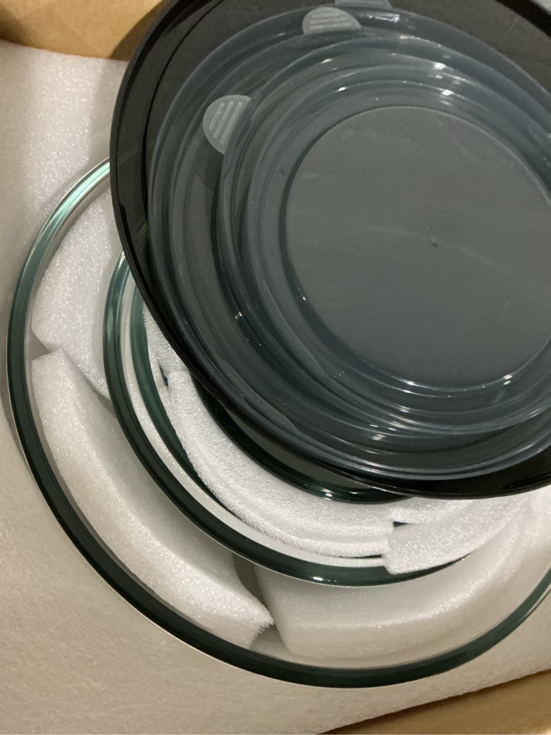 Condition photo showing Good Condition for glass mixing bowls with lids set of 5(4.78qt,2.2qt,1.7qt,1.1qt,0.85qt),thick glass nesting bowls for kitchen baking,cooking prep,storage,serving,large salad bowls,dishwasher microwave freezer safe transparent