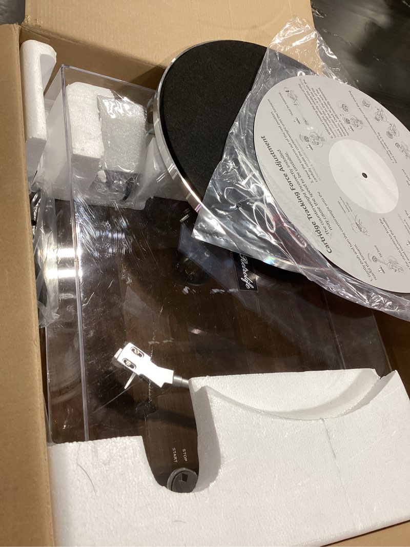 Condition photo showing As Is for turntables belt-drive record player with wireless output connectivity, vinyl player support 33&45 rpm speed phono line usb digital to pc recording with advanced magnetic cartridge&counterweight dark brown silver aluminum platter+ aluminum tonearm