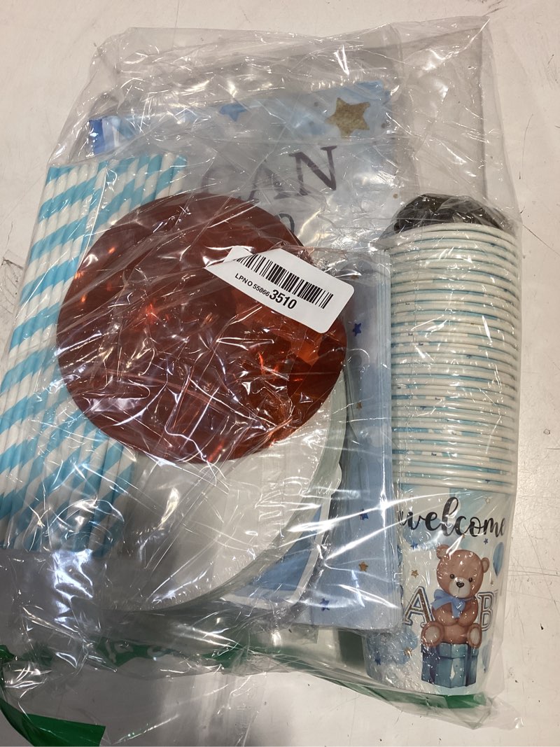 Condition photo showing Good Condition for 216pcs blue baby shower decorations serves 25, boy baby shower include banner, plates, balloons, cake topper and tablecloths, for baby boy shower decorations