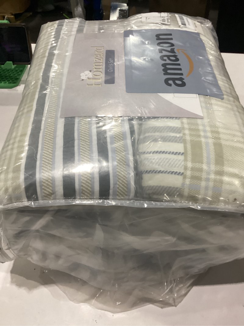 Condition photo showing Good Condition for homzard quilts queen size - cotton queen size comforter sets,beige grey cotton bedding,striped plaid comforter bedspread (90 * 98 inches),3 piece 02-5 cream/grey queen (90"x98")
