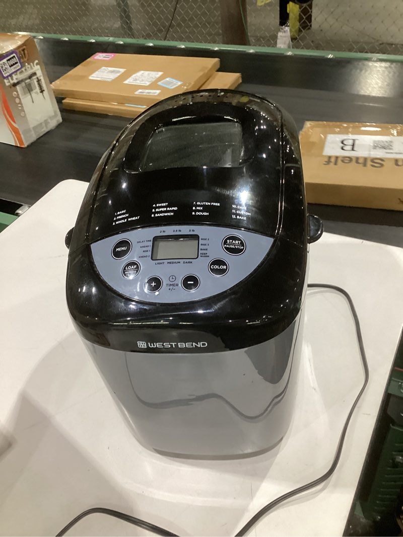 Condition photo showing Good Condition for (used, not tested)west bend hi-rise bread maker machine programmable 12 programs including gluten free & 3 loaf sizes and crust colors with traditionally-shaped horizontal bread pan with dual knead blades, 3-lb, gray