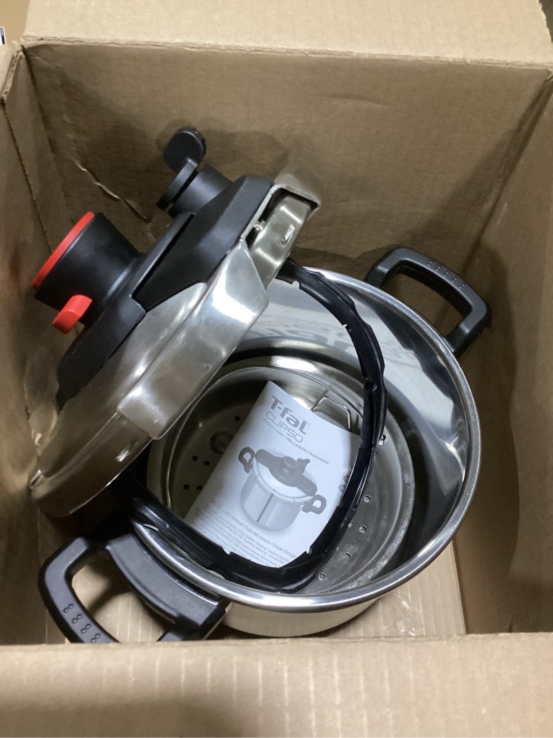 Condition photo showing As Is for T-fal Clipso Stainless Steel Pressure Cooker, 6.3 Quart, Recipe Book, Steam Basket, Easy-Open Lid, Secure Locking System, Adjustable Pressure Valve, Induction Cookware, Pots and Pans, Kitchen, Silver
