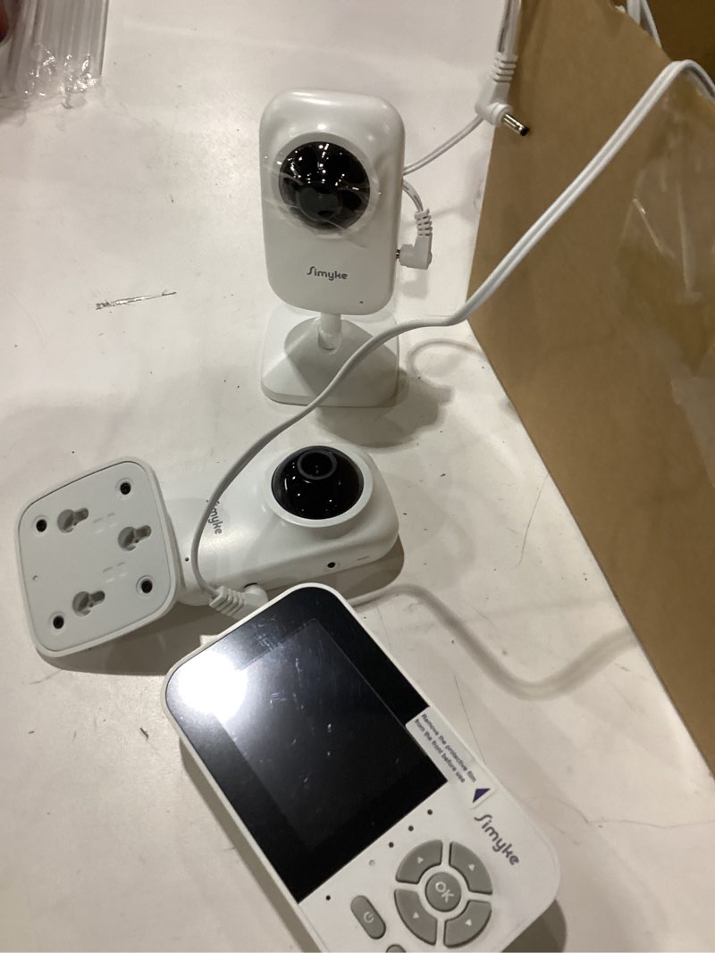 Condition photo showing As Is for not tested simyke upgrade video baby monitor with 2 cameras and audio 2.8\" screen,night vision,app,wireless,2-way talk,1200ft long range,feeding timer,temperature sensor,vox/eco,5 lullabies,portable,easy setup bme28-2