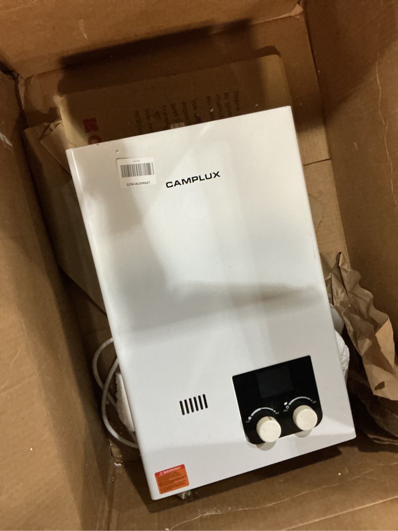 Condition photo showing As Is for camplux propane tankless water heater 2.64 gpm, cm264 gas tankless water heater indoor, 68,000 btu on demand instant hot, white