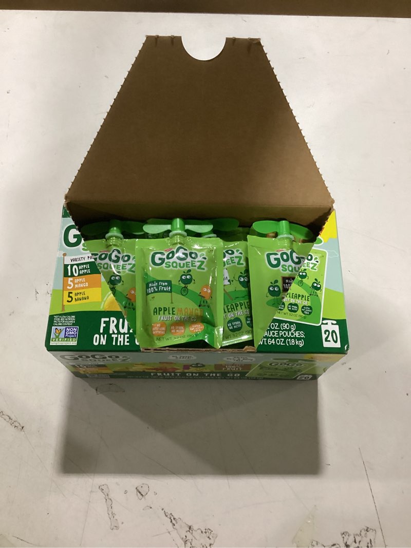 Condition photo showing Good Condition for GoGo squeeZ Applesauce and Fruit Puree Variety Pack, Apple, Mango & Banana, 3.2 oz (Pack of 20), Unsweetened Fruit Snacks for Kids, Gluten Free, Nut Free, BPA Free Pouches (Packaging May Vary) Apple Mango Banana