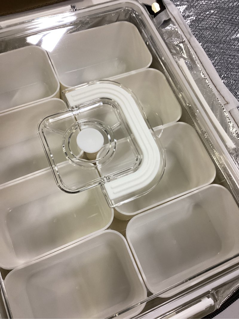 Condition photo showing Good Condition for chilled snackle box container, snacklebox with reusable ice pack, beach essentials insulated bag for parties, road trip, 8 compartment snack container, for fruits, veggies, snacks, keep food cold white