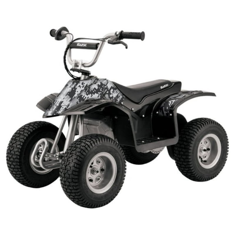 razor dirt quad 24v powered ride-on, 12" knobby tires, up to 8 mph, electric 4-wheeler for kids 8+