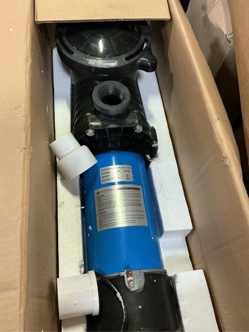 Condition photo showing As Is for foting in/above ground pool pump, self primming pool pump high flow 1.5" & 2" npt inlet connectors, blue&black
