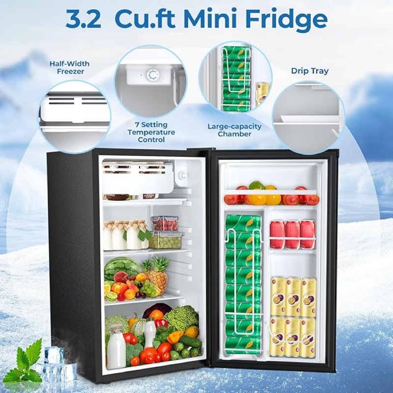 electactic 3.2 cu.ft mini fridge with freezer, compact refrigerator with reversible single door, adjustable thermostat, low noise, energy efficient for office, dorm, bedroom, apartment (black)