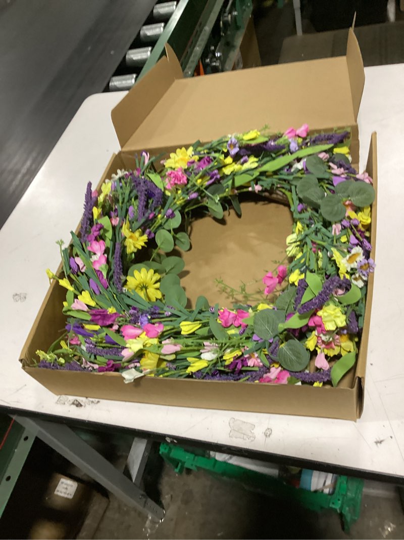 Condition photo showing As Is for spring decorations for home 22" spring wreath artificial summer wreaths with eucalyptus leaf lavender and daisy for easter indoor outdoor home festival celebrations