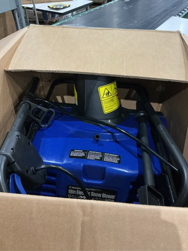 Condition photo showing As Is for (used)westinghouse wsnow18d corded snow blower 18-inches wide, dual led lights, electric snow blower with 25ft throwing distance, plows 720lbs/min, adjustable chute 18 inch - steel auger