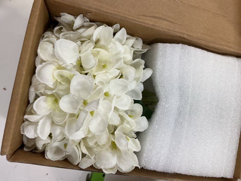 Condition photo showing Good Condition for hydrangea artificial flowers in glass vase, white silk fake flowers silk centerpiece table decorations for dining room? coffee table decor?wedding, home with faux water decor?white?