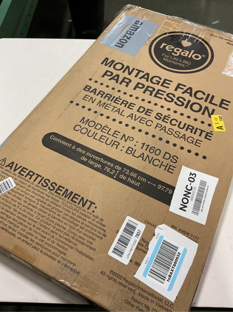 Condition photo showing New/Like New for Regalo 38.5-Inch Extra Wide Baby Gate – Pressure Mount Baby and Pet Safety Gate for Bottom of Stairs & Doorways – Tested and Trusted, American Designed, American Owned White 29-38.5"W x 30"H