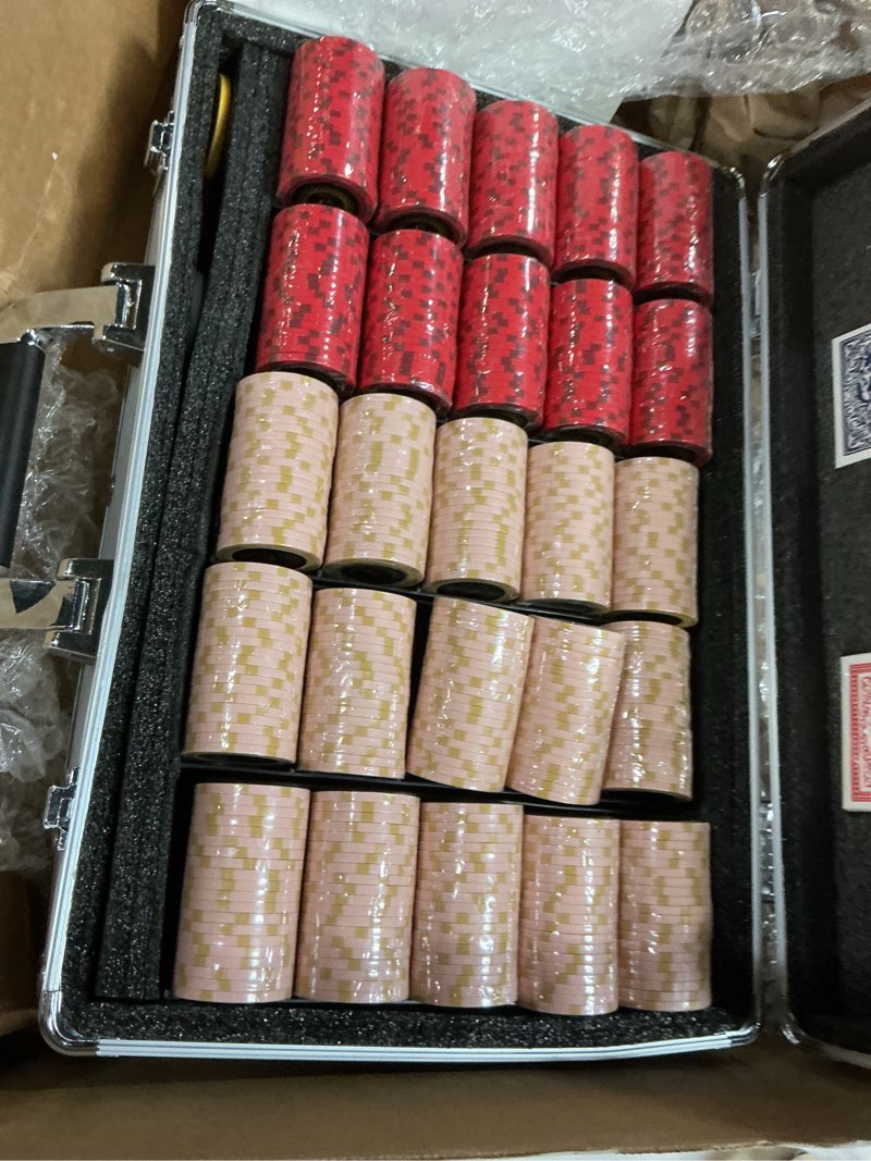 Condition photo showing New/Like New for 200 Piece Poker Chip Set 14g Clay Composite Heavyweight Numbered Chips with Aluminum Case Playing Cards and Blind Buttons for Texas Holdem Blackjack and Casino Gaming Nights 200 Chips With Numbers