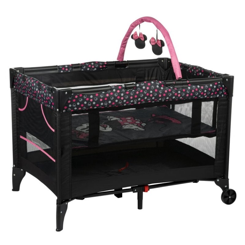 disney baby 3d ultra play yard with bassinet, toy bar & carry bag – modern minnie – portable infant playpen & travel crib