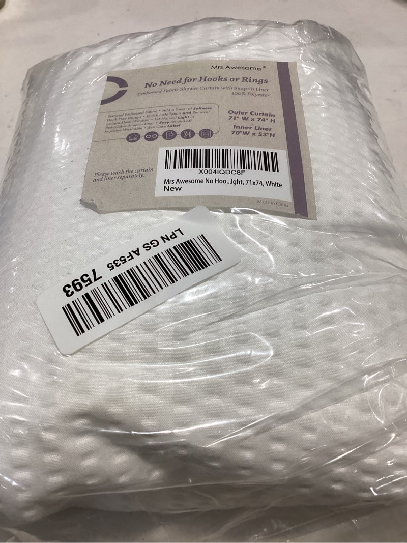 Condition photo showing As Is for mrs awesome no hook shower curtain with snap-in liner less time on/off, embossed waffle-look textured fabric shower curtain for bathroom hotel style, washable, soft & lightweight, 71x74, white white 71"w x 74"l (pack of 1)