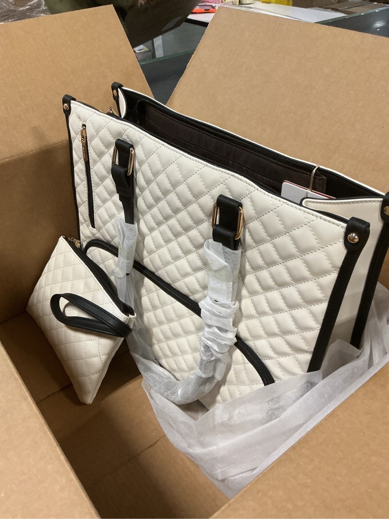 Condition photo showing New/Like New for LOVEVOOK Lunch Tote Bag for Women, 15.6 Inch Laptop Bag with Insulated Lunch Compartment, Quilted Large Capacity Computer Handbag with Purse for Business, Work, Collage, Office, Casual, Beige-black Beige-black 15.6 inch