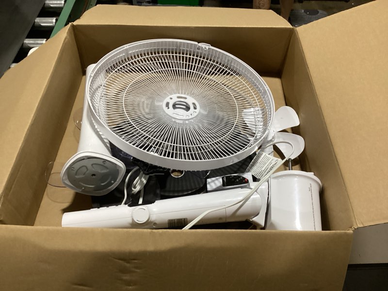 Condition photo showing As Is for amazon basics 16-inch quiet dc motor standing floor fan for bedroom, 12 speed with remote, 3 breeze modes, adjustable height, dual-layered blades, timer, energy efficient (28w), white 12-speed, dc motor