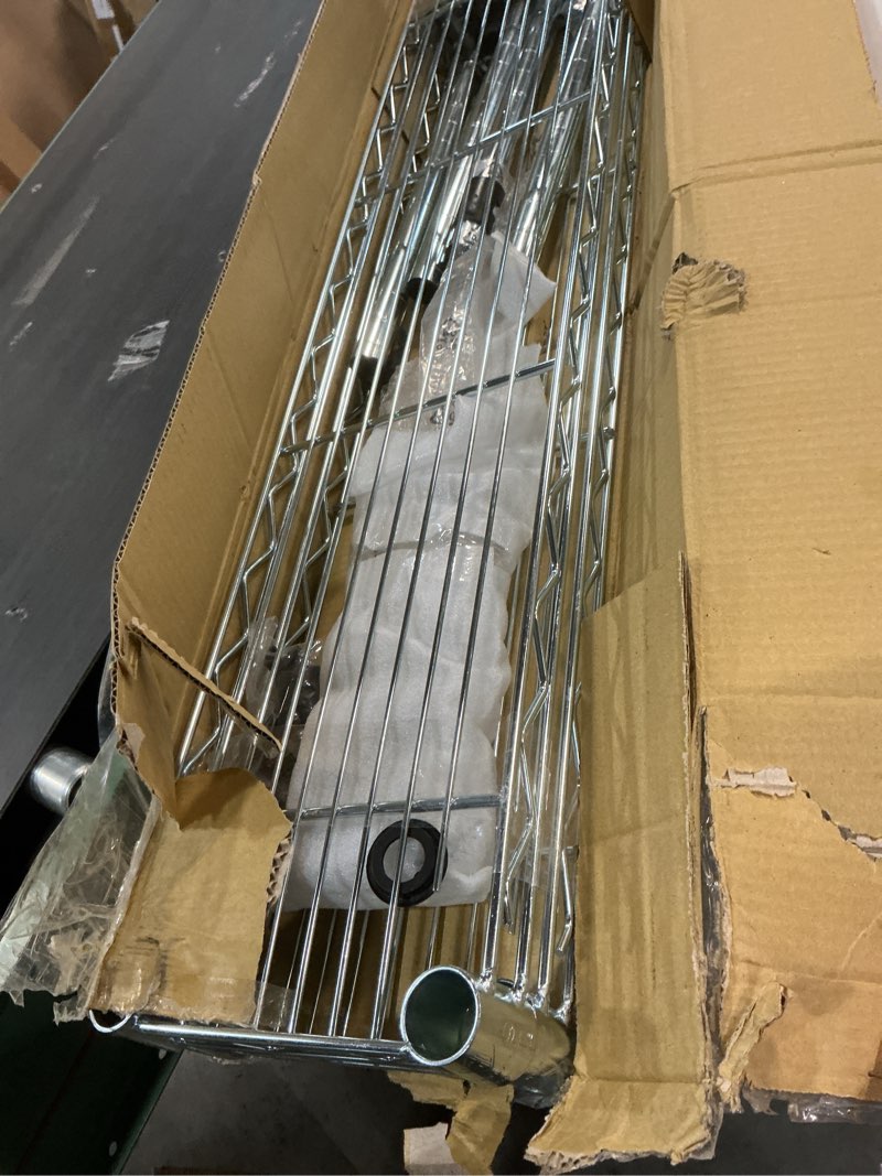 Condition photo showing As Is for Shelving Inc. 8" d x 36" w Chrome Wire Shelving with 3 Tier Shelves, Weight Capacity 800lbs Per Shelf 8" d x 36" w x 34" h
