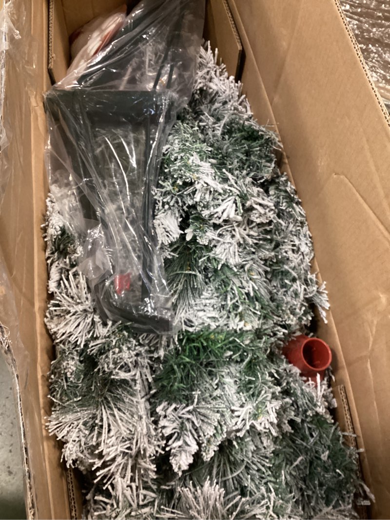 Condition photo showing Good Condition for ( similar products) 7.5 FT Snow Flocked Christmas Tree, Artificial Holiday Hinged Pine Tree with 1010 Branch Tips, Solid Metal Stand, Premium Xmas Full Fake Tree for Home, Office, Party Decoration