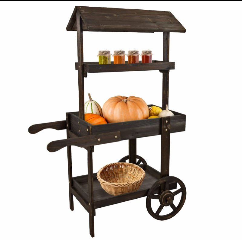 Sunnydaze Country Market Flower Cart Display Stand with Wheels - 2 Shelves - Fir Wood - 30 lb Weight Capacity - Charred Fir