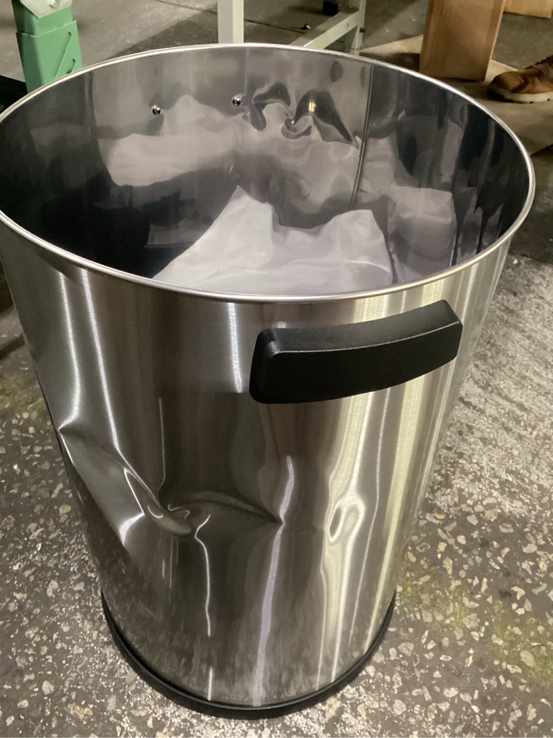 Condition photo showing As Is for damaged elama stainless steel trash can/recycling bin (17 gallon)