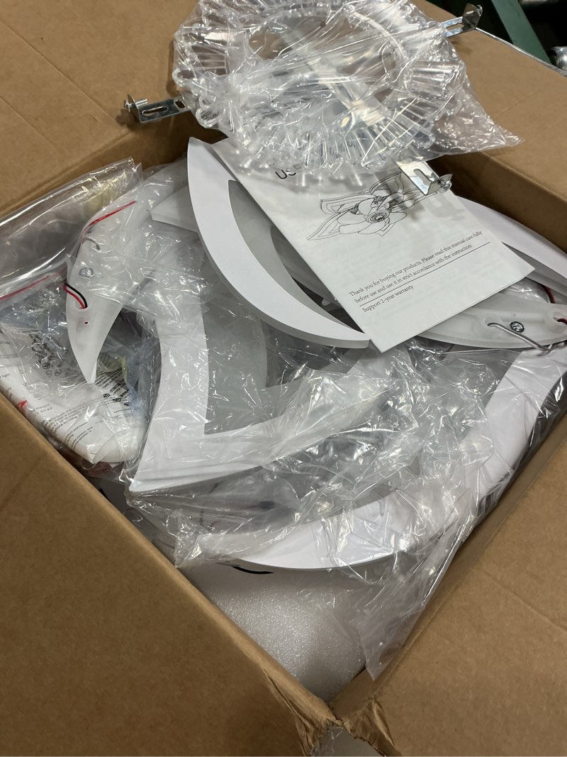 Condition photo showing As Is for bevenus low profile ceiling fan with lights,110v modern dimmable flower shape, remote control/app control,timing 6 gear speeds fan ceiling lamp. white