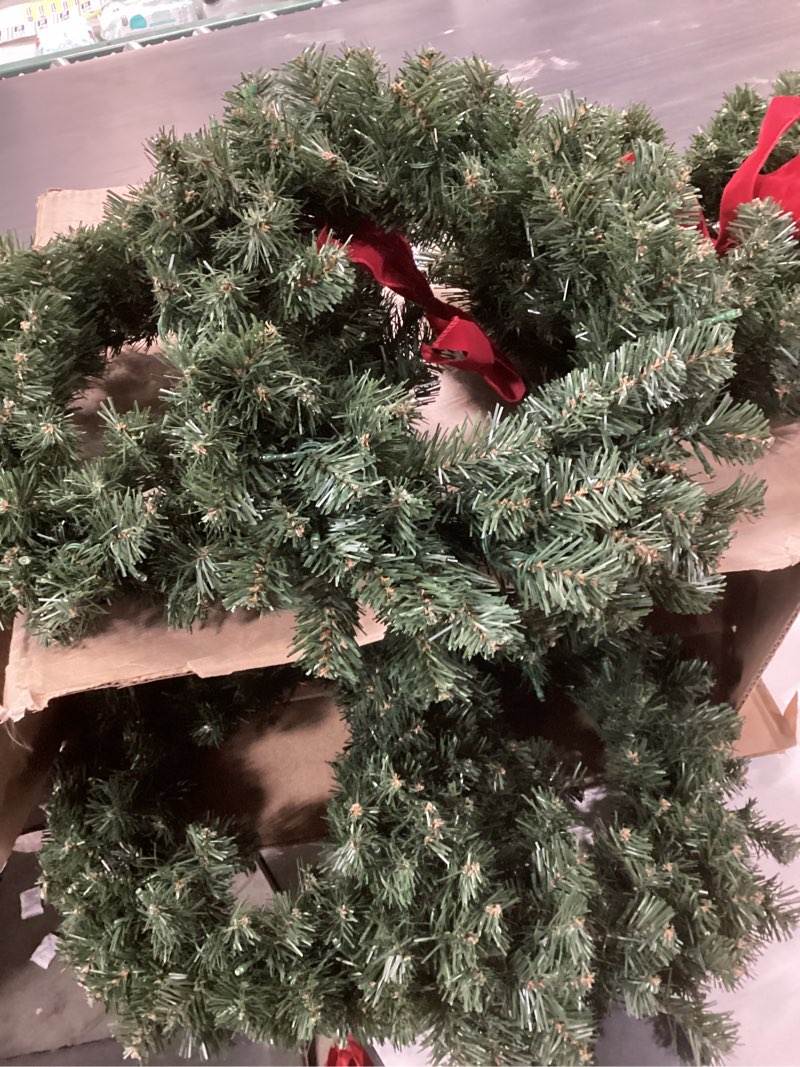 Condition photo showing Good Condition for 6 pack Artificial Pre-Lit Balsam Pine Christmas Wreath with Red Bow, 16 Inches, Battery Operated with Timer