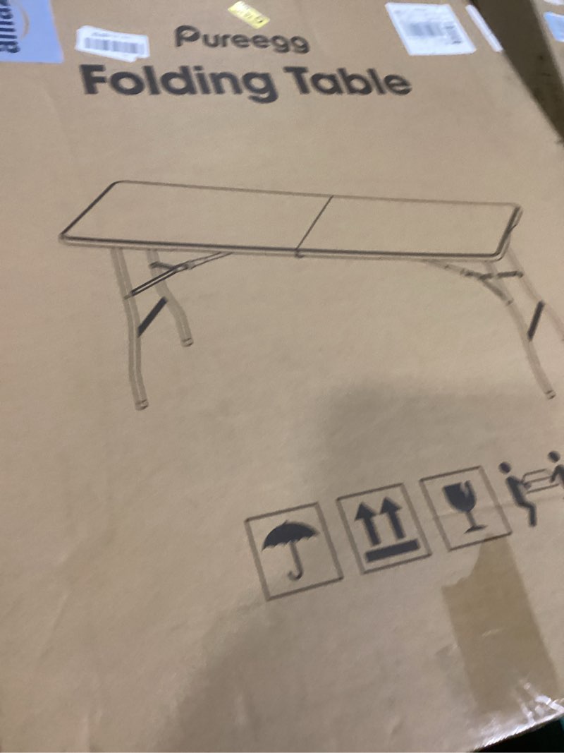 Condition photo showing New/Like New for pureegg 6ft folding table - no assembly required, versatile dining table with carrying handle & tabletop safety lock, portable foldable table for party, craft, camping, picnic, white