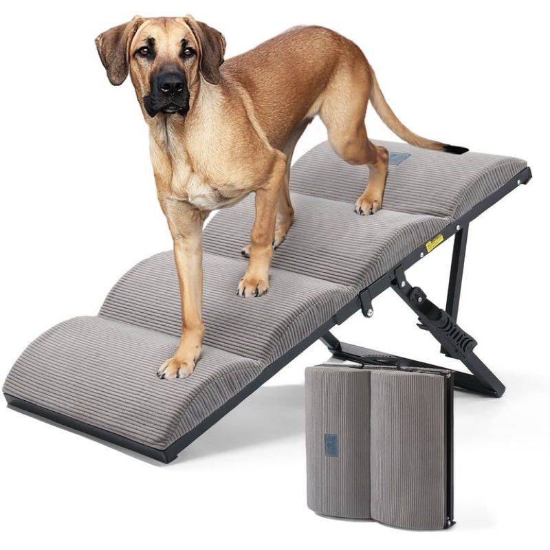veehoo dog ramp for bed couch height adjustable from 12" to 20", foldable stairs for dogs to get on bed 17" extra wide, portable pet doggie steps indoor with non slip pad, support up to 150 lbs