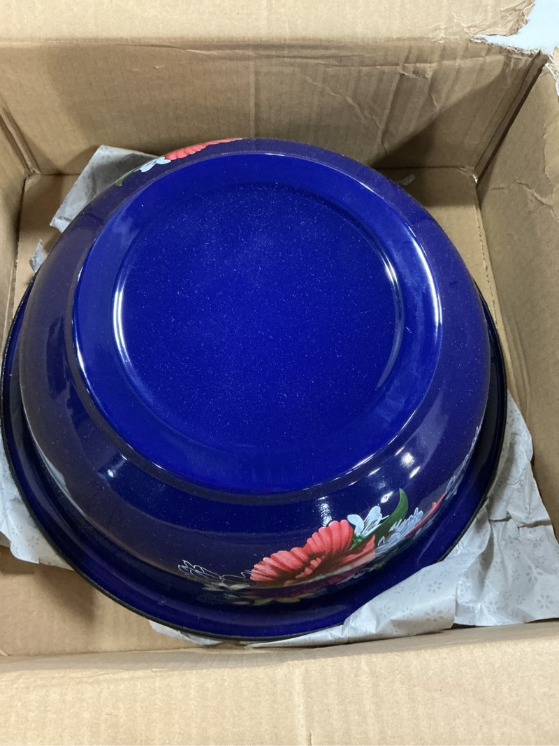Condition photo showing As Is for Lawei Set of 2 Enamel Bowl, 4 Quart Large Enamel Salad Serving Mixing Bowl with Black Rim, Vintage Enamelware Plate Dish for Fruit Salad Pasta Soup Dinner, Round Dough Making Bowl Washing Basin, 12in