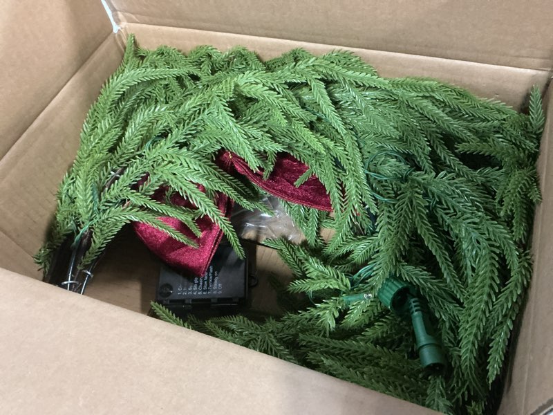 Condition photo showing Good Condition for 26 Inch Christmas Wreaths for Front Door with Lights,Lighted Norfolk Pine Door Wreath,Prelit Real Touch Artificial Green Winter Wreath with Large Burgundy Velvet Bow for Indoor Outdoor Decor 1-norfolk Pine Wreath 26 Inch