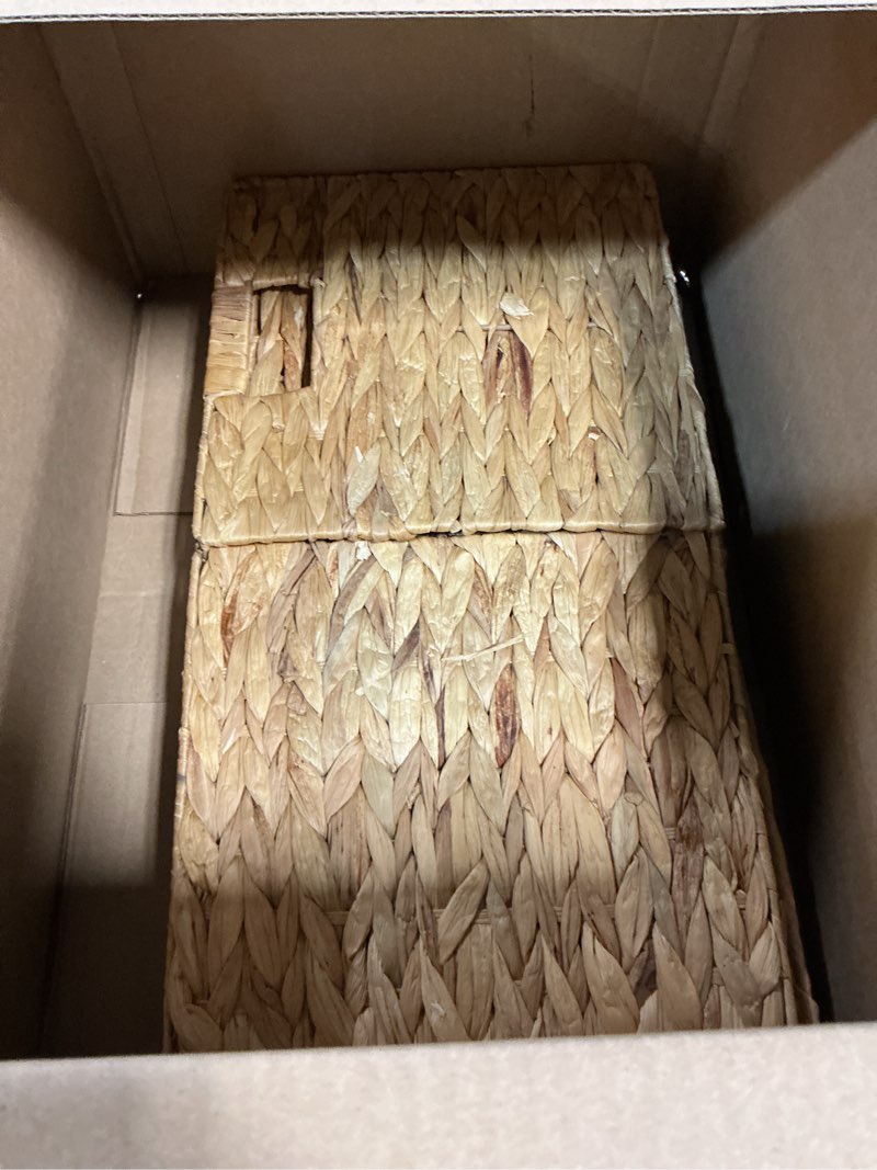Condition photo showing Good Condition for Water Hyacinth Storage Baskets 11x11x11 Inch Wicker Storage Cubes Set of 2Baskets,Handwoven Foldable Wicker Cubes with Sturdy Handles, Rustic Laundry Organizer for Bedroom Shelves, Kitchen, Bathroom