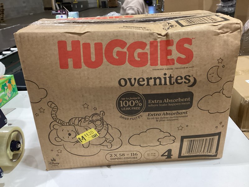 Condition photo showing New/Like New for Huggies Size 4 Overnites Baby Diapers: Overnight Diapers, Size 4 (22-37 lbs), 116 Ct (2 Packs of 58), Packaging May Vary Size 4 116