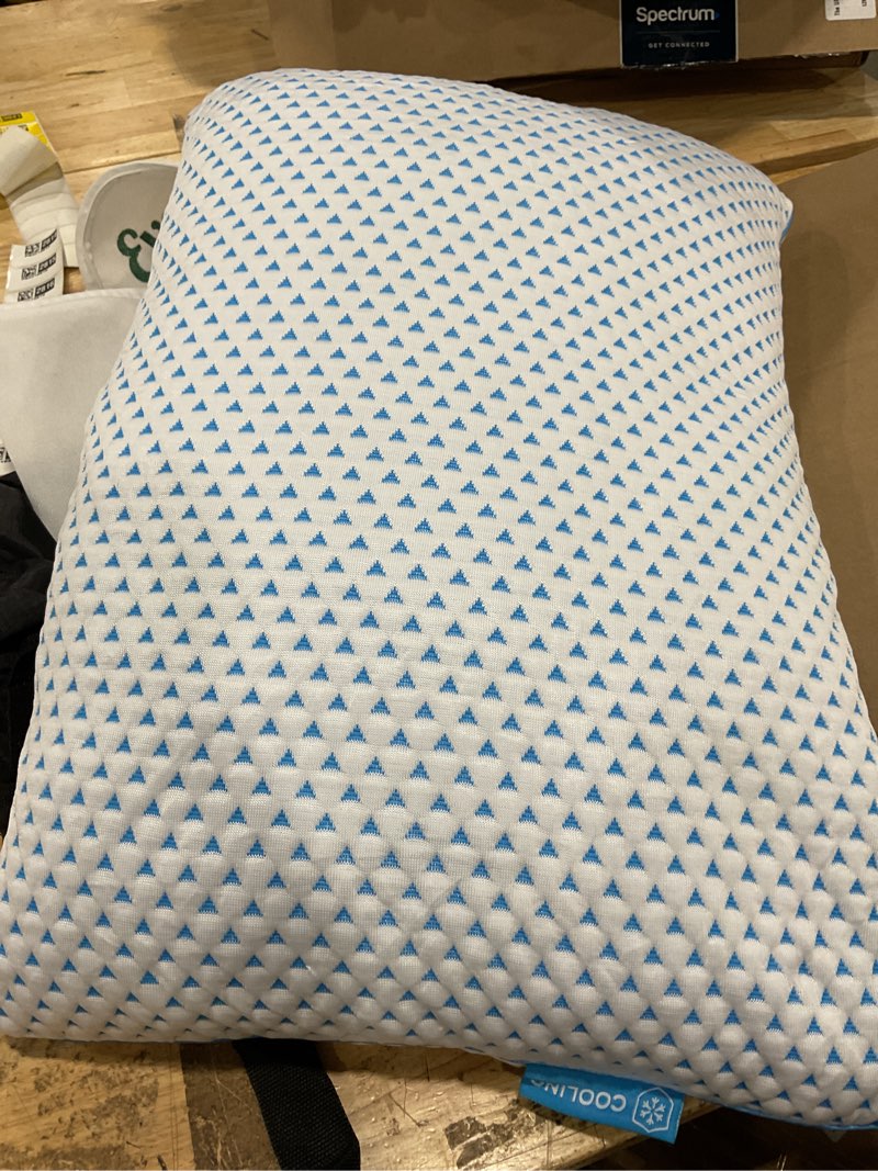 Condition photo showing Good Condition for cooling shredded memory foam travel & camping pillow large, adjustable college dorm pillow for home-like comfort,compressible portable & medium firm neck support, ideal sleeping, car, airplane white & light blue l - 23 x 16 inch