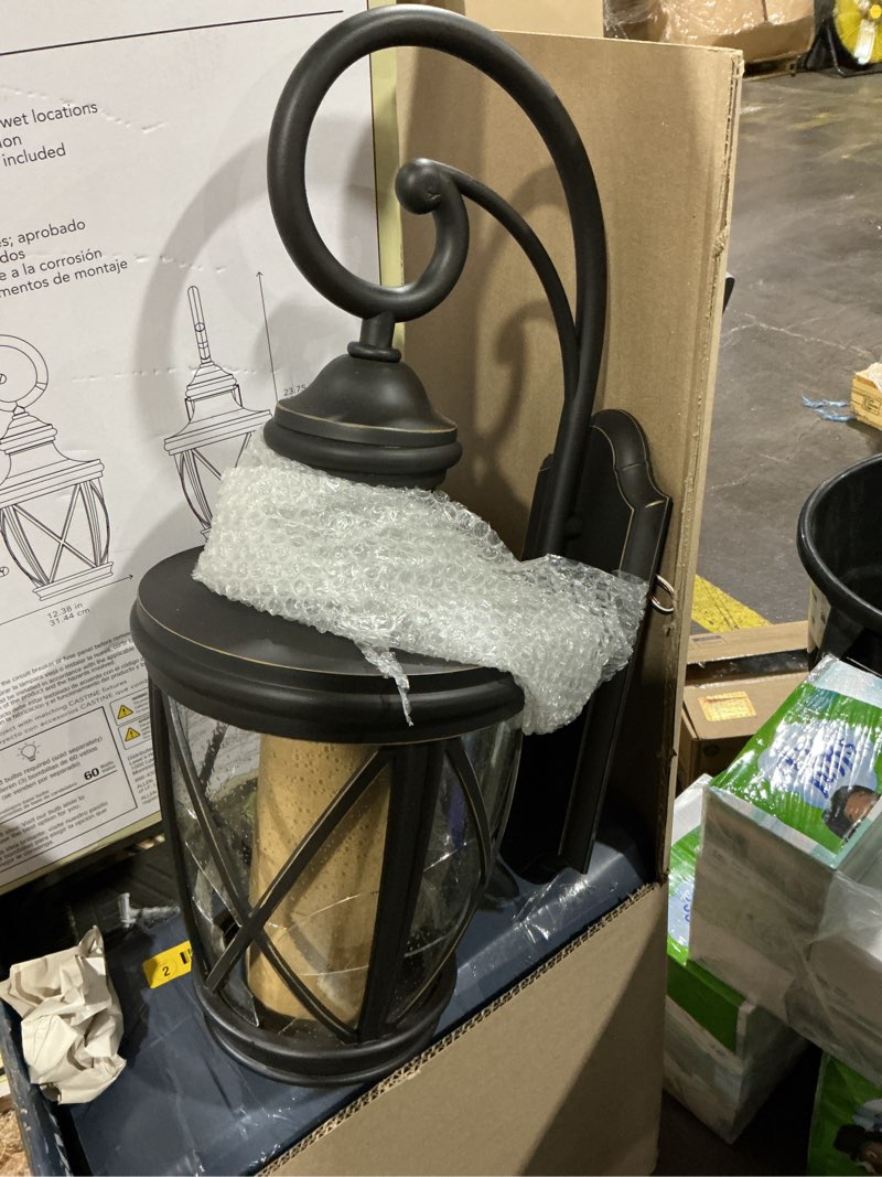 Condition photo showing As Is for allen + roth castine 3-light 23.75-in h oil-rubbed bronze led, outdoor wall light