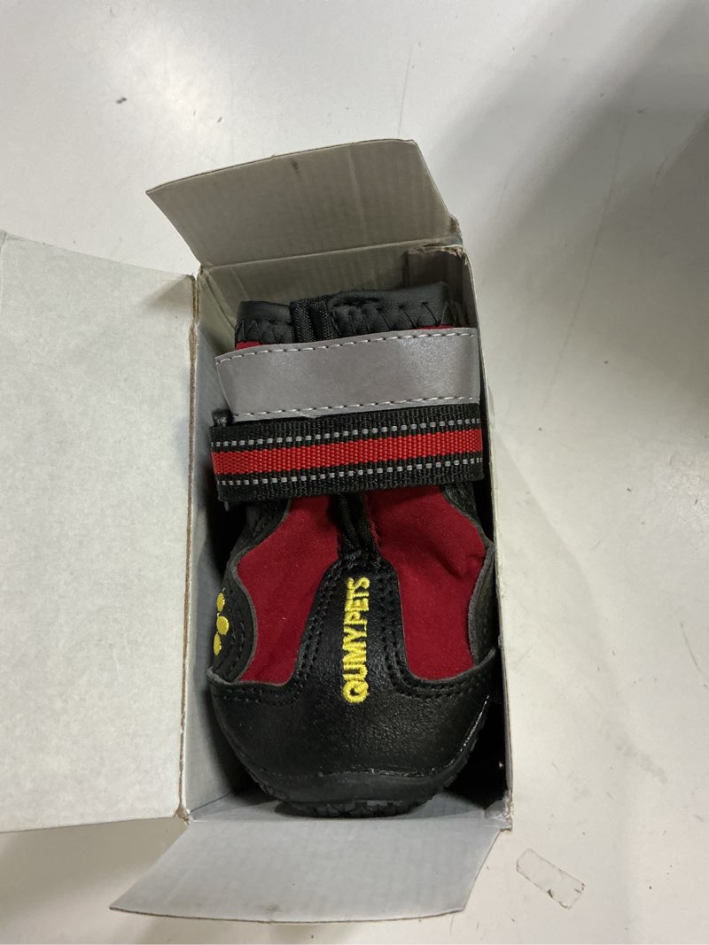Condition photo showing Good Condition for qumy dog shoes for large dogs, medium dog boots & paw protectors for winter snowy day, summer hot pavement, water-resistant in rainy weather, outdoor walking, indoor hardfloors skid-resistant sole red size 2: 1.9''x2.4''(w*l) (pack of 4)