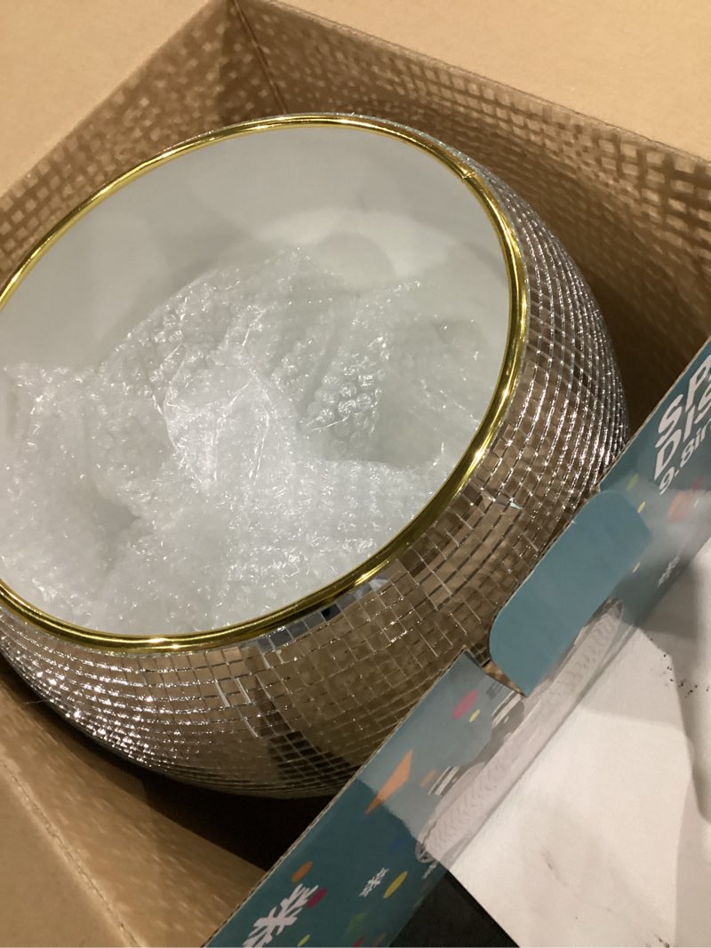 Condition photo showing As Is for 9.8 Inch Disco Ball Ice Bucket, Mirror Silver Cooler for Wine, Beer & Champagne, Perfect Retro Party Accessory 8"Silver