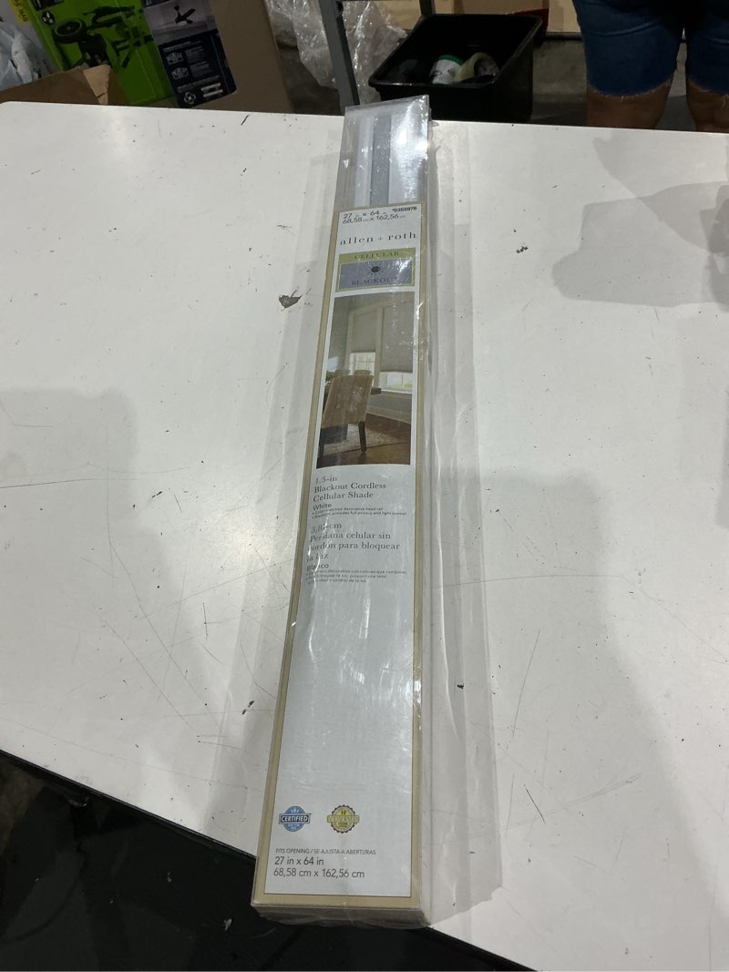 Condition photo showing As Is for allen + roth 27-in x 64-in white blackout cordless cellular shade